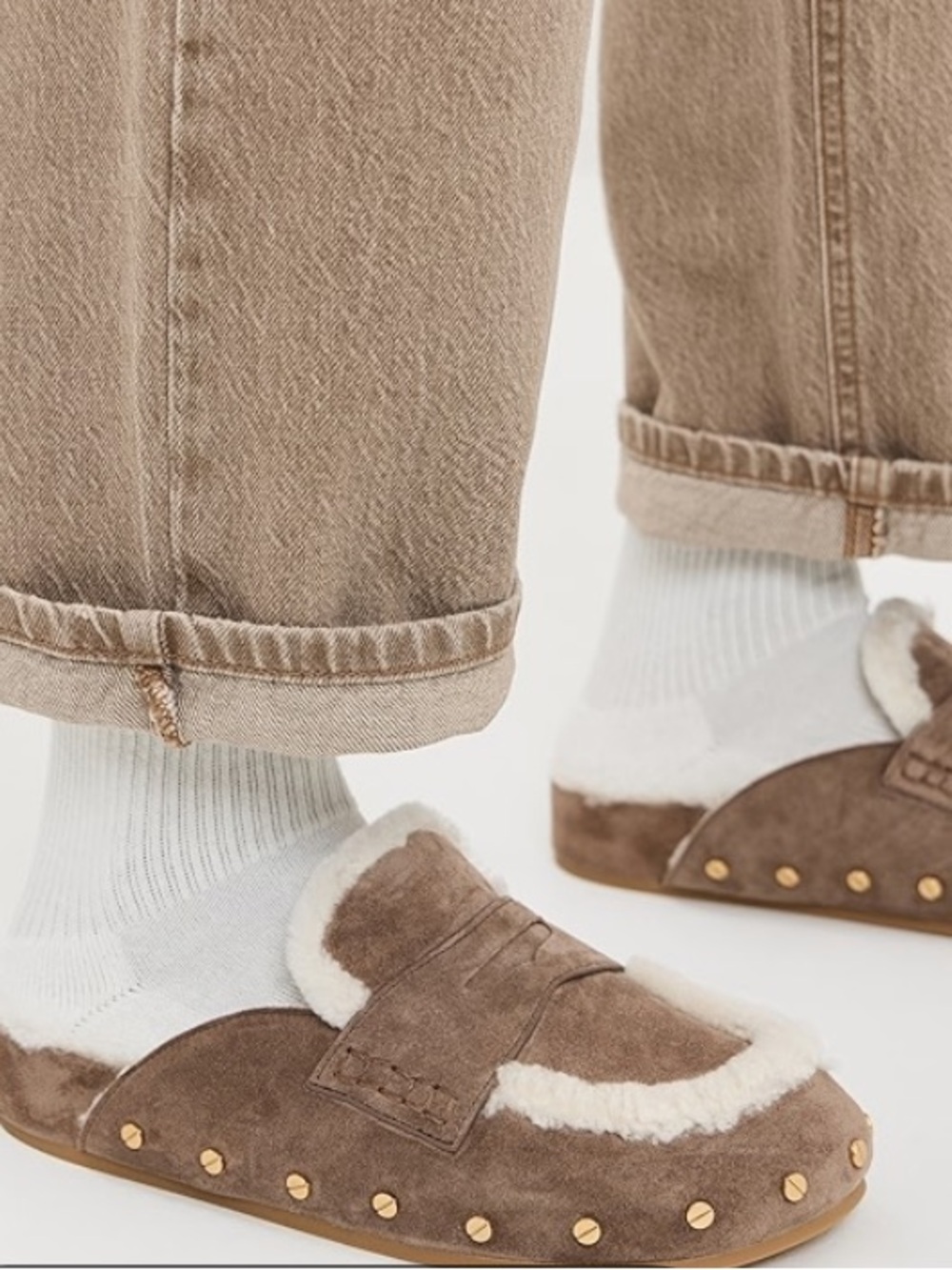 VERONICA BEARD FENIX MULES - Shearling Trim Suede Slip-On Mules in Taupe